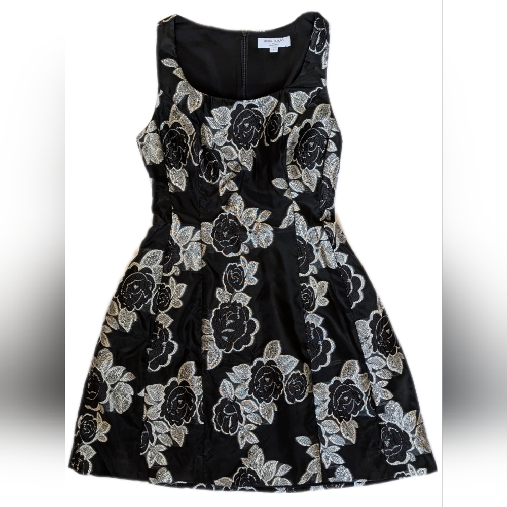 Prabal Gurung Collective Black Silver Floral Jacquard Flare Dress, Size 2